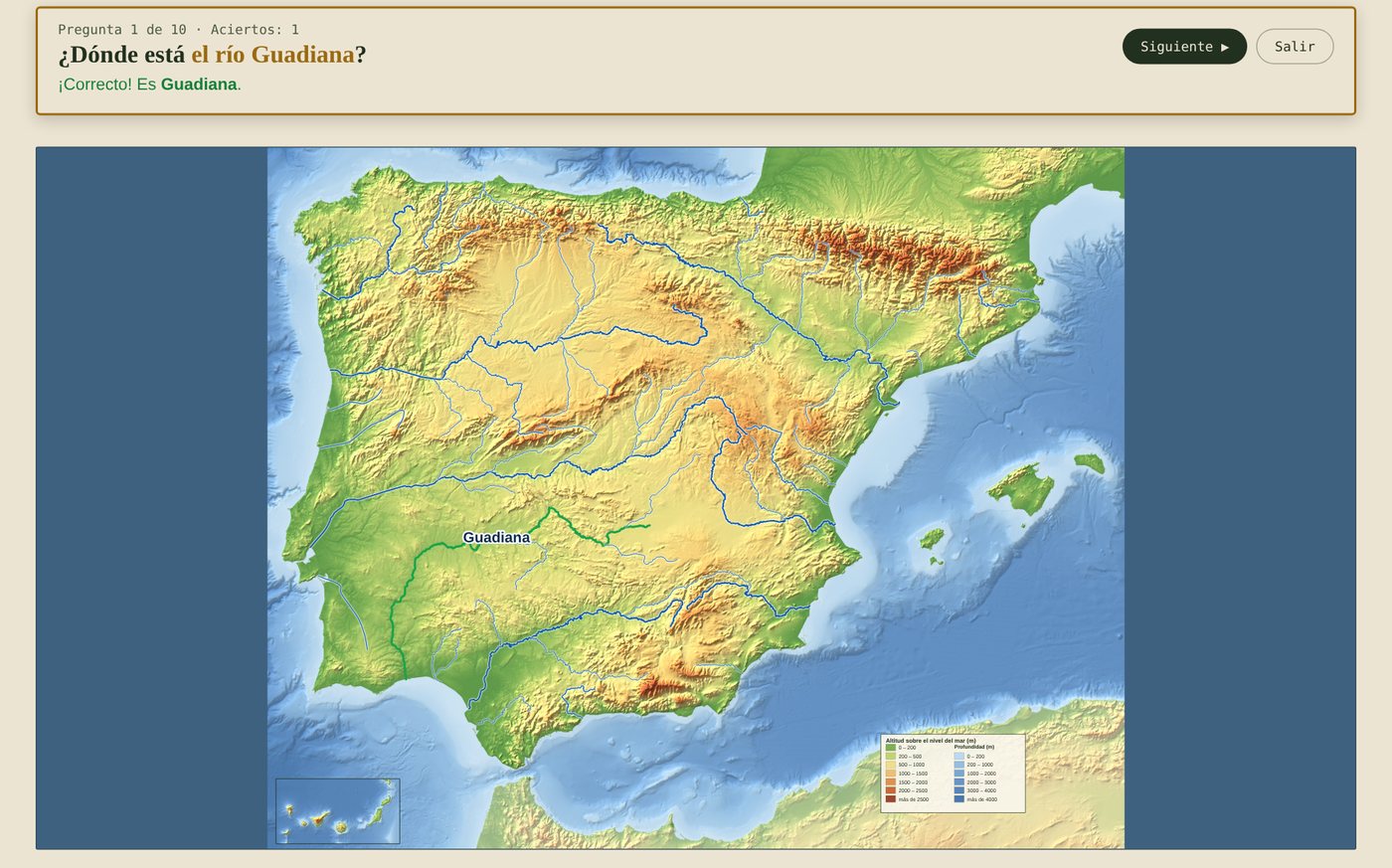 Pregunta del juego respondida correctamente en el mapa de hidrografía de España