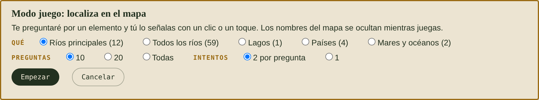 Pantalla de configuración del juego