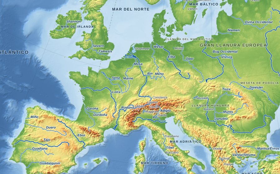 Mapa de hidrografía de Europa en modo Completo, con nombres