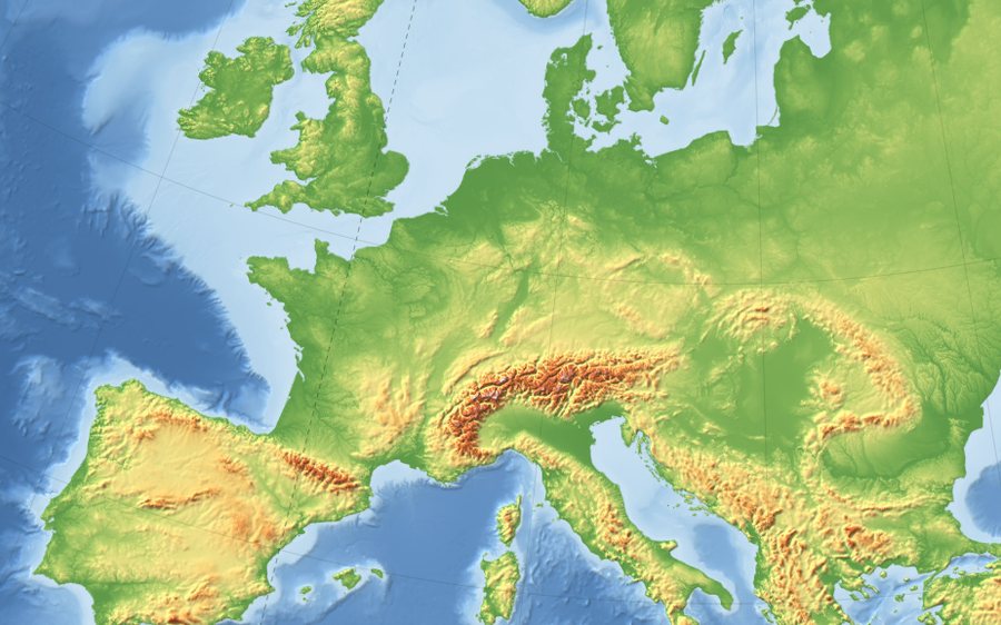 Mapa de hidrografía de Europa en modo Mudo, sin nombres